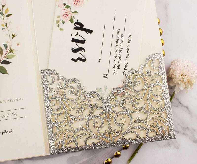Lucky Star 25pcs 5"x7.28" Silver Glitter Vine Tri Fold Pocketfold Wedding Invitations Cards pocket Pearl Paper Laser Cut Hollow Carving Greeting invites Covers only no envelope no insert (silver glitter cover) - Image 4